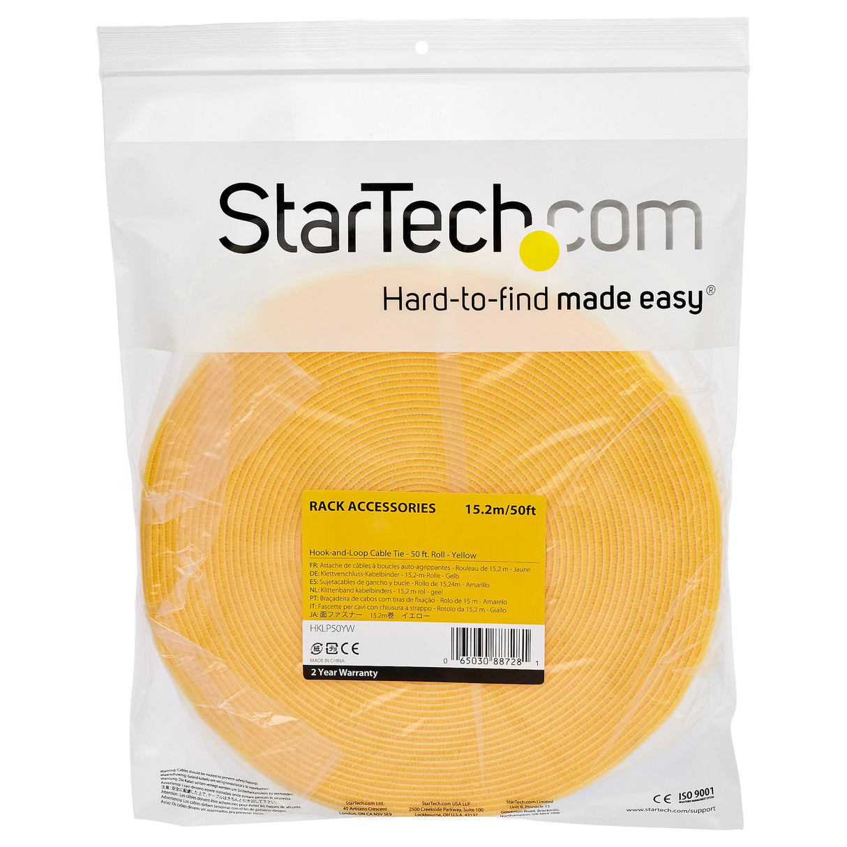 StarTech.com 50ft (15.2m) Hook and Loop Roll, Yellow, Cut-to-Size Reusable Cable Ties, Bulk Industrial Wire Fastener Tape, Adjustable Fabric Wraps, Reusable Self Gripping Cable Management Straps