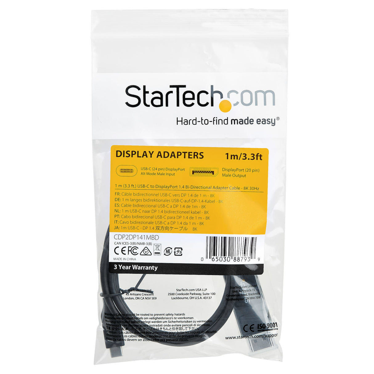 StarTech.com 3.3ft (1m) USB C to DisplayPort 1.4 Cable 8K 60Hz/4K - Bidirectional DP to USB-C or USB-C to DP Reversible Video Adapter Cable -HBR3/HDR/DSC - USB Type-C/Thunderbolt Monitor Cable