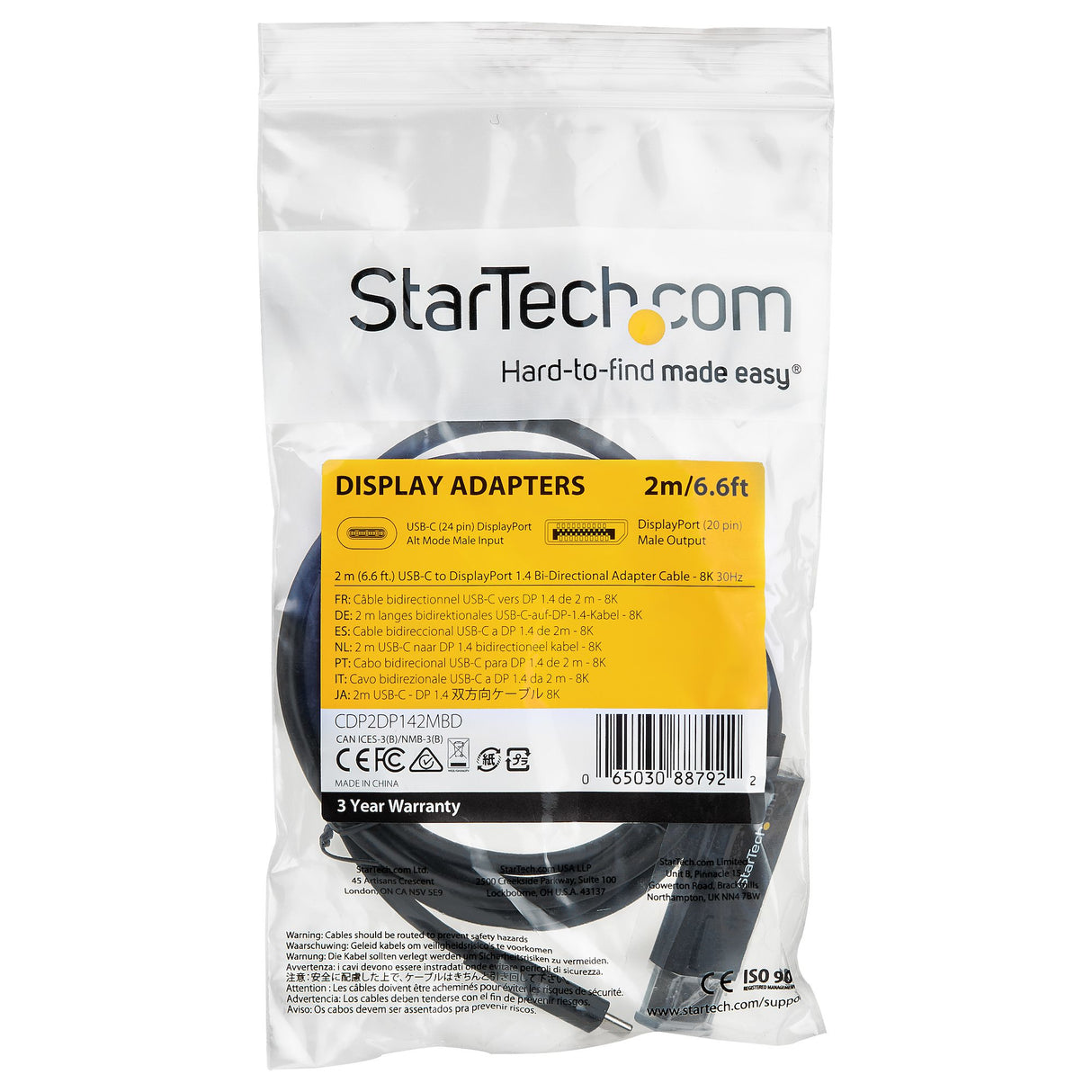StarTech.com 6.6ft (2m) USB C to DisplayPort 1.4 Cable 8K 60Hz/4K - Bidirectional DP to USB-C or USB-C to DP Reversible Video Adapter Cable -HBR3/HDR/DSC - USB Type C/Thunderbolt Monitor Cable