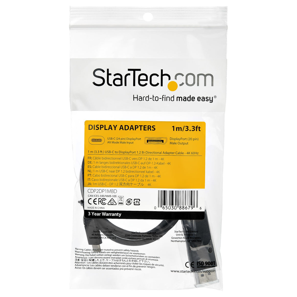 StarTech.com 3.3ft (1m) USB C to DisplayPort 1.2 Cable 4K 60Hz - Bidirectional DP to USB-C or USB-C to DP Reversible Video Adapter Cable - HBR2/HDR - USB Type C/Thunderbolt Monitor Cable