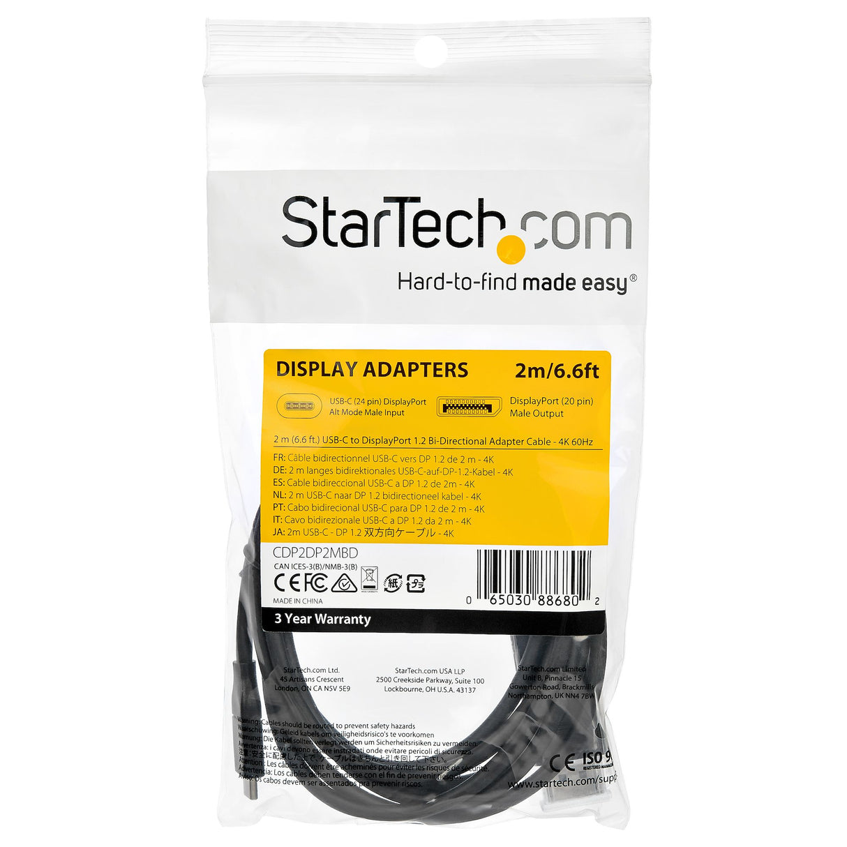 StarTech.com 6.6ft (2m) USB C to DisplayPort 1.2 Cable 4K 60Hz - Bidirectional DP to USB-C or USB-C to DP Reversible Video Adapter Cable - HBR2/HDR - USB Type C/Thunderbolt Monitor Cable