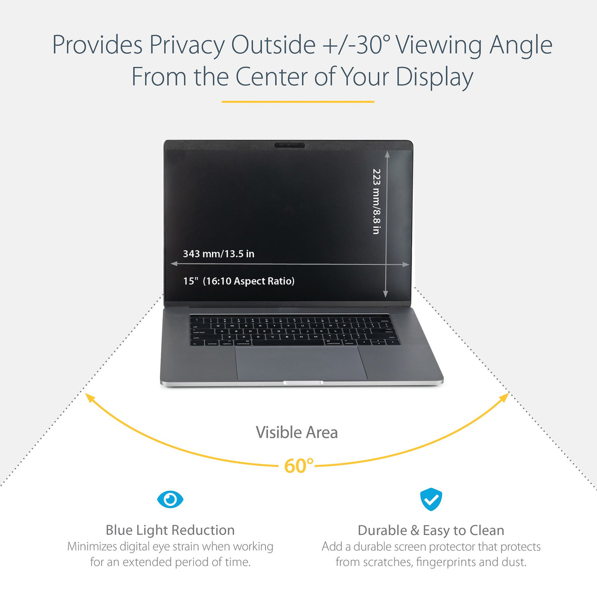 StarTech.com Laptop Privacy Screen for 15 inch MacBook Pro & MacBook Air - Magnetic Removable Security Filter - Blue Light Reducing Screen Protector 16:10 - Matte/Glossy - +/-30 Degree