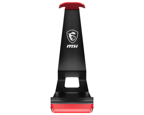 MSI HS01 Gaming Headset Stand 'Black with Red, Solid Metal Design, non slip base, Cable Organiser, Supports most headsets, Mobile holder'
