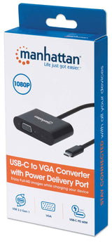 Manhattan USB-C to VGA and USB-C (inc Power Delivery), 1080p@60Hz, 19.5cm, Black, Power Delivery to USB-C Port (60W), Equivalent to CDP2VGAUCP, Male to Female, Lifetime Warranty, Retail Box