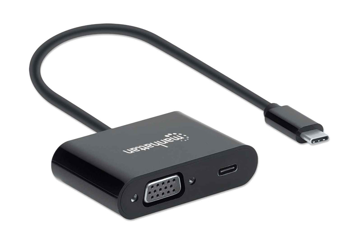 Manhattan USB-C to VGA and USB-C (inc Power Delivery), 1080p@60Hz, 19.5cm, Black, Power Delivery to USB-C Port (60W), Equivalent to CDP2VGAUCP, Male to Female, Lifetime Warranty, Retail Box