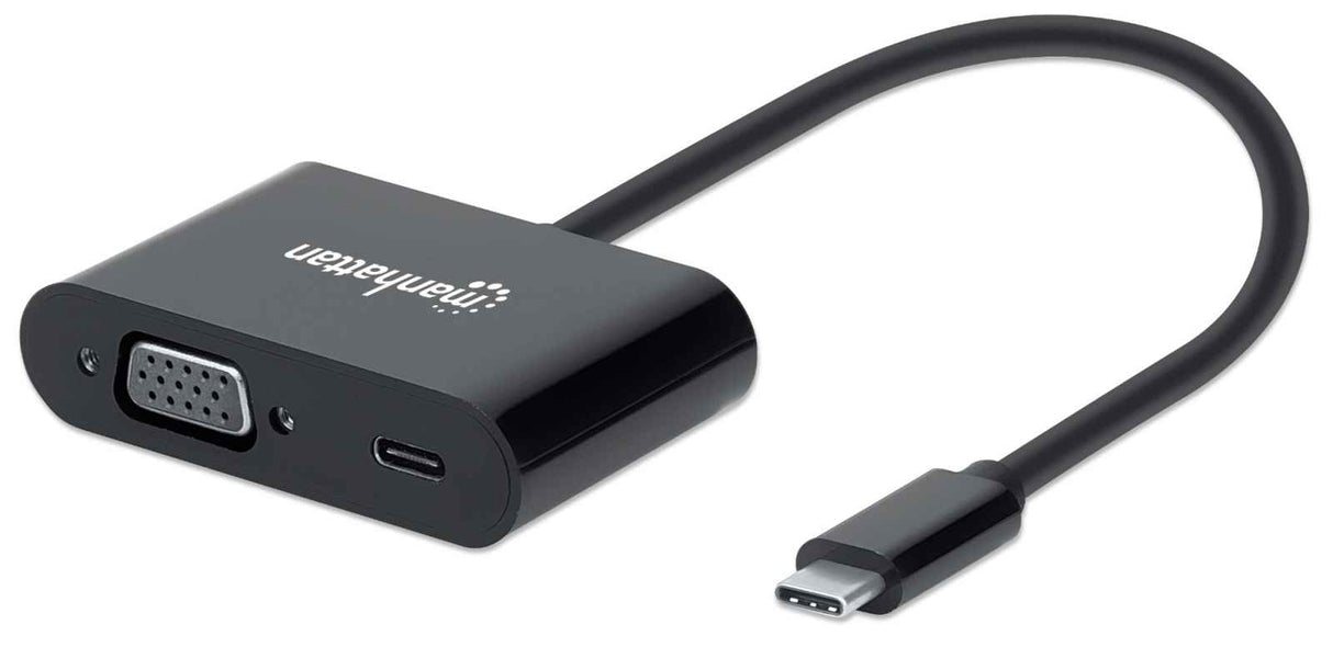 Manhattan USB-C to VGA and USB-C (inc Power Delivery), 1080p@60Hz, 19.5cm, Black, Power Delivery to USB-C Port (60W), Equivalent to CDP2VGAUCP, Male to Female, Lifetime Warranty, Retail Box