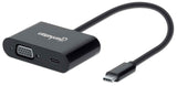 Manhattan USB-C to VGA and USB-C (inc Power Delivery), 1080p@60Hz, 19.5cm, Black, Power Delivery to USB-C Port (60W), Equivalent to CDP2VGAUCP, Male to Female, Lifetime Warranty, Retail Box