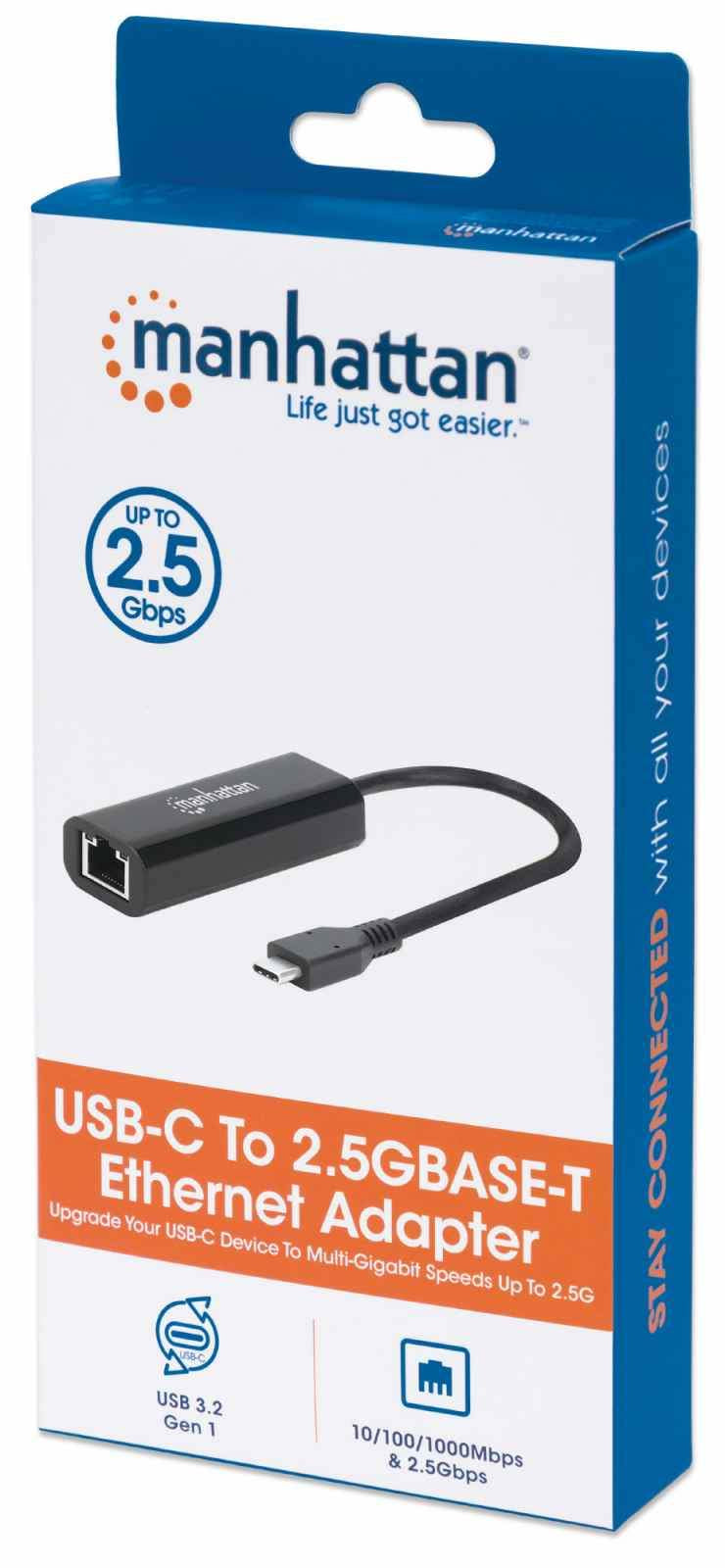 Manhattan USB-C to 2.5GBASE-T Gigabit (10/100/1000 Mbps & 2.5 Gbps) RJ45 Network Adapter, Multi-Gigabit Ethernet, Black, Three Year Warranty, Equivalent to US2GC30