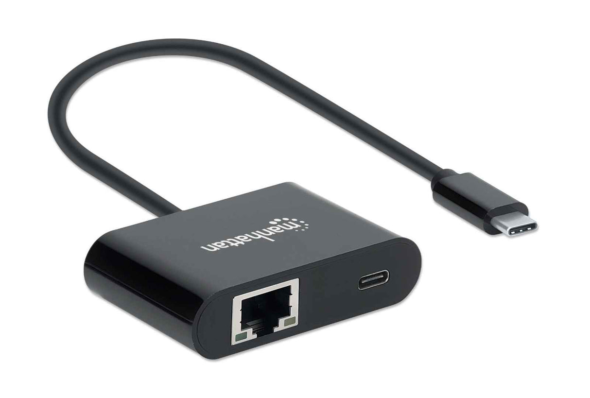 Manhattan USB-C to Gigabit Network and USB-C (inc Power Delivery), 19.5cm, Black, Ethernet RJ45 10/100/1000 Mbps, Power Delivery to USB-C Port (60W), Equivalent to US1GC30PD, Male to Females, Lifetime Warranty, Retail Box