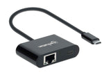 Manhattan USB-C to Gigabit Network and USB-C (inc Power Delivery), 19.5cm, Black, Ethernet RJ45 10/100/1000 Mbps, Power Delivery to USB-C Port (60W), Equivalent to US1GC30PD, Male to Females, Lifetime Warranty, Retail Box