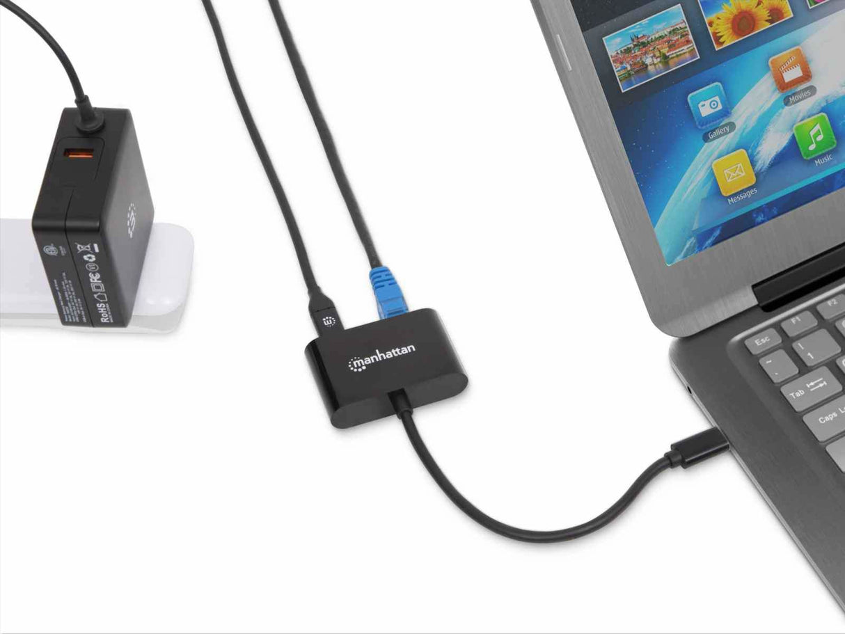 Manhattan USB-C to Gigabit Network and USB-C (inc Power Delivery), 19.5cm, Black, Ethernet RJ45 10/100/1000 Mbps, Power Delivery to USB-C Port (60W), Equivalent to US1GC30PD, Male to Females, Lifetime Warranty, Retail Box
