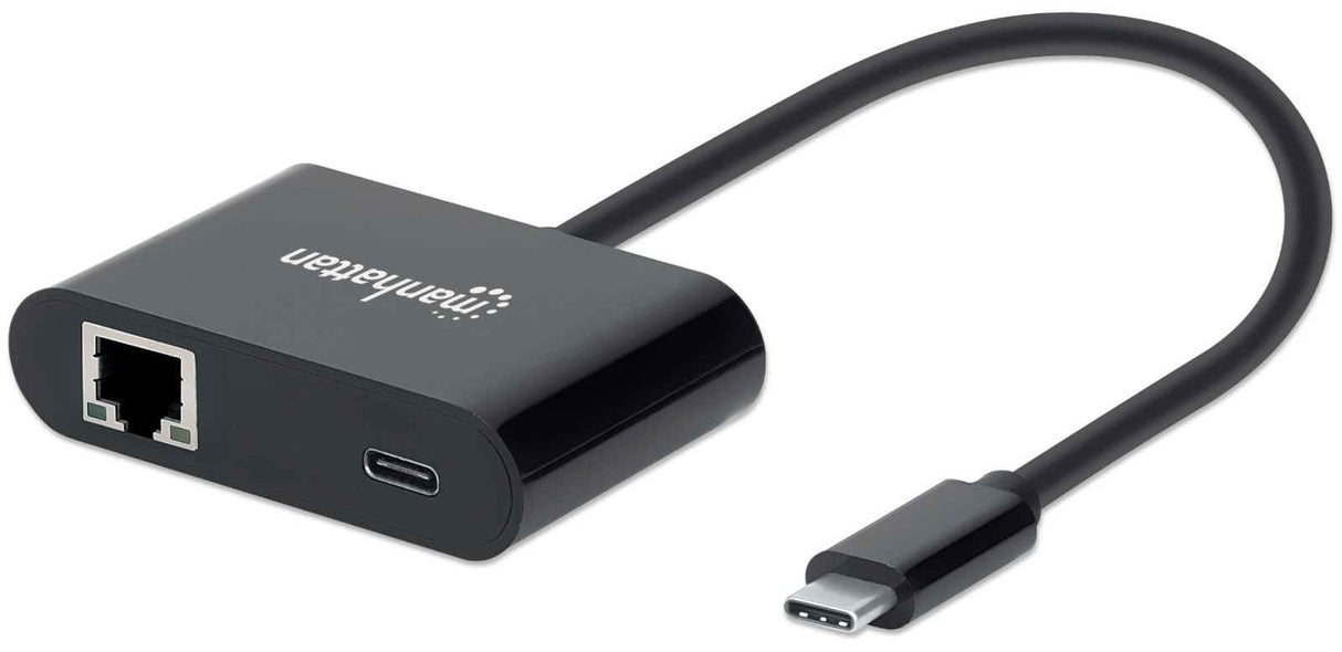 Manhattan USB-C to Gigabit Network and USB-C (inc Power Delivery), 19.5cm, Black, Ethernet RJ45 10/100/1000 Mbps, Power Delivery to USB-C Port (60W), Equivalent to US1GC30PD, Male to Females, Lifetime Warranty, Retail Box