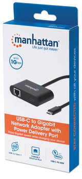 Manhattan USB-C to Gigabit Network and USB-C (inc Power Delivery), 19.5cm, Black, Ethernet RJ45 10/100/1000 Mbps, Power Delivery to USB-C Port (60W), Equivalent to US1GC30PD, Male to Females, Lifetime Warranty, Retail Box