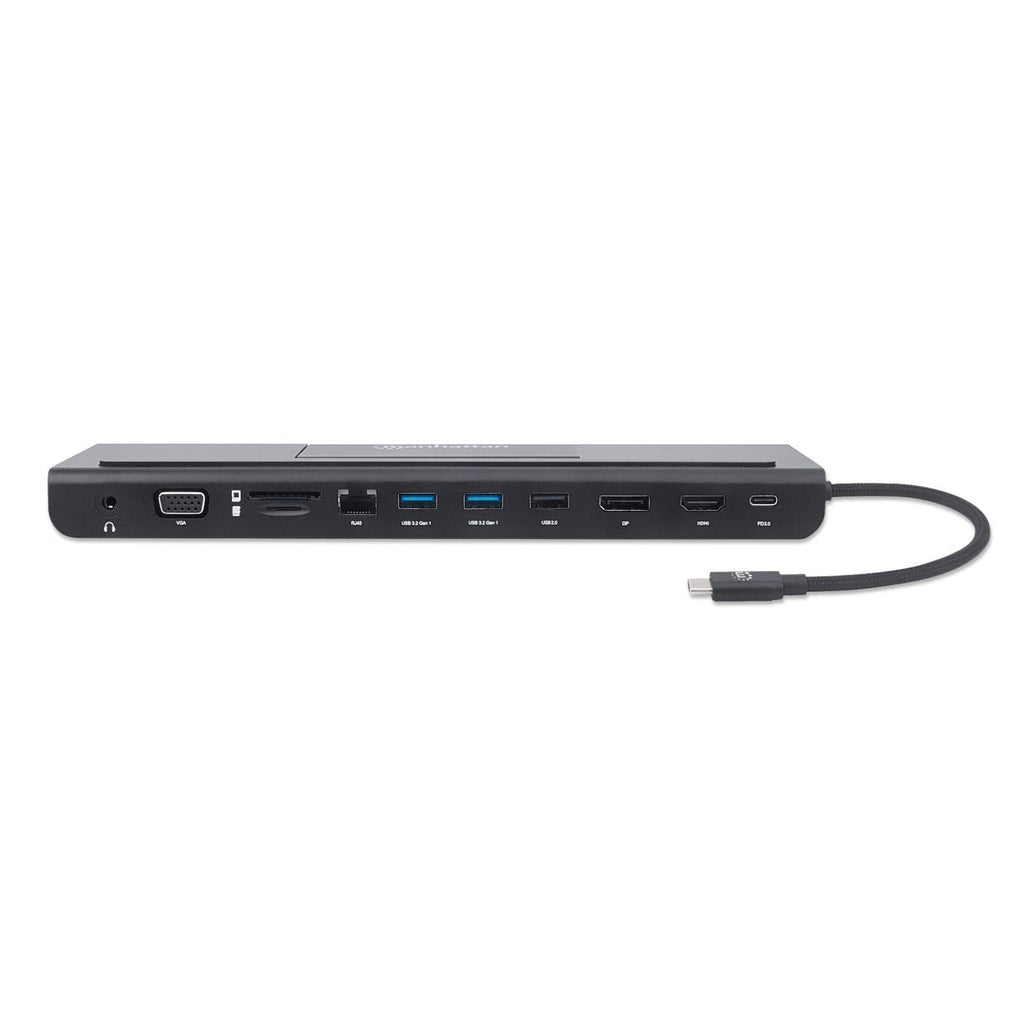 Manhattan USB-C Dock/Hub with Card Reader and MST, Ports (x9): Audio 3.5mm, DisplayPort, Ethernet, HDMI, USB-A (x3), USB-C and VGA, With Power Delivery (100W) to USB-C Port (Note add USB-C wall charger and USB-C cable needed),All Ports can be used...