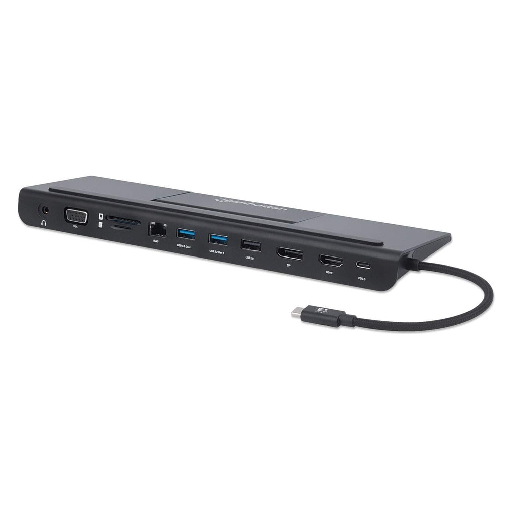 Manhattan USB-C Dock/Hub with Card Reader and MST, Ports (x9): Audio 3.5mm, DisplayPort, Ethernet, HDMI, USB-A (x3), USB-C and VGA, With Power Delivery (100W) to USB-C Port (Note add USB-C wall charger and USB-C cable needed),All Ports can be used...