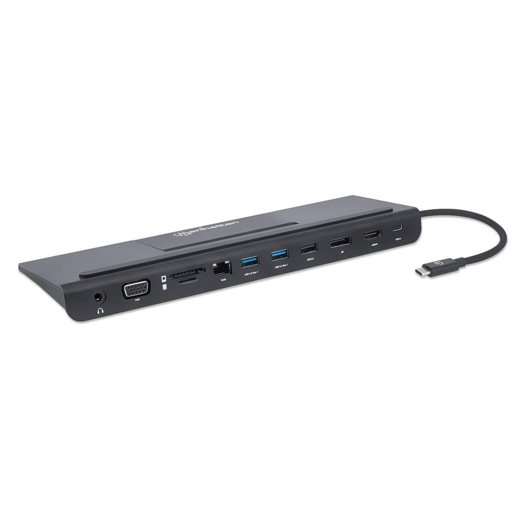 Manhattan USB-C Dock/Hub with Card Reader and MST, Ports (x9): Audio 3.5mm, DisplayPort, Ethernet, HDMI, USB-A (x3), USB-C and VGA, With Power Delivery (100W) to USB-C Port (Note add USB-C wall charger and USB-C cable needed),All Ports can be used...