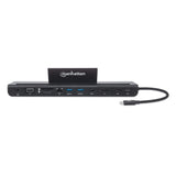 Manhattan USB-C Dock/Hub with Card Reader and MST, Ports (x9): Audio 3.5mm, DisplayPort, Ethernet, HDMI, USB-A (x3), USB-C and VGA, With Power Delivery (100W) to USB-C Port (Note add USB-C wall charger and USB-C cable needed),All Ports can be used...