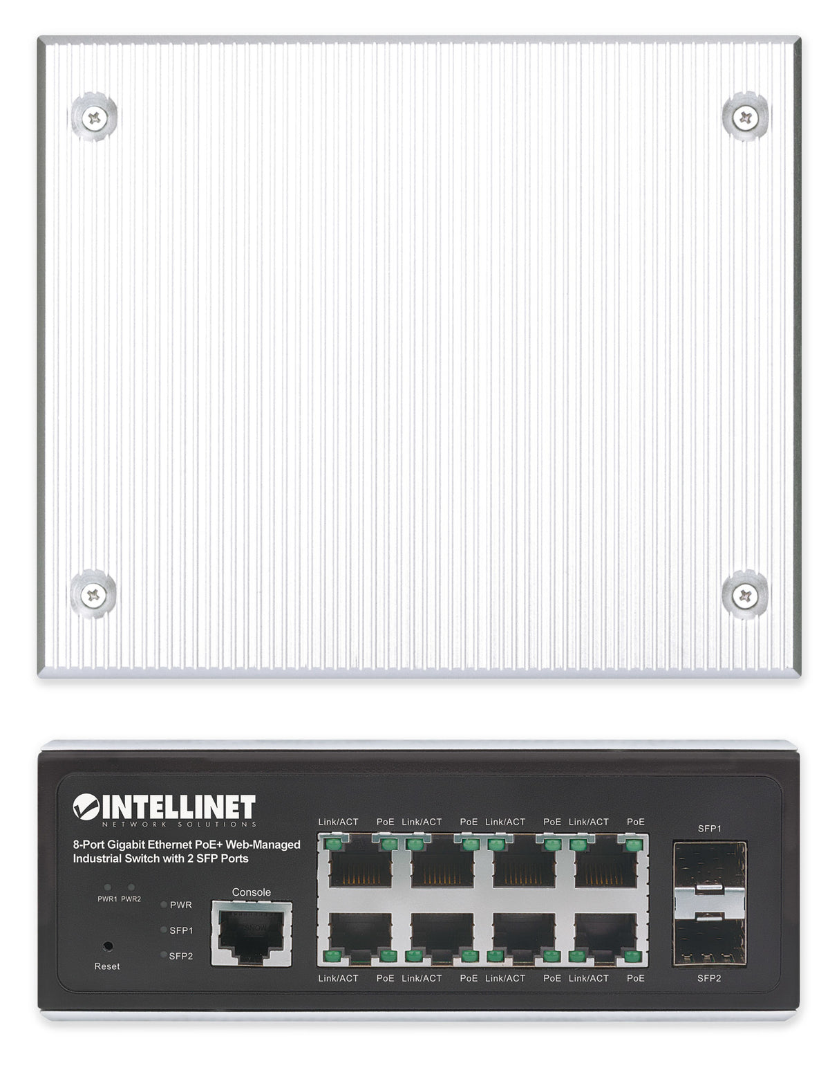 Intellinet Industrial 8-Port Gigabit Ethernet PoE+ Layer 2+ Web-Managed Switch with 2 SFP Ports IEEE 802.3at/af (PoE+/PoE) Compliant, PoE Power Budget up to 240 W, Layer 2+/Layer 3 Lite, IP30-Rated Metal Housing, Self-Healing Network, Endspan...