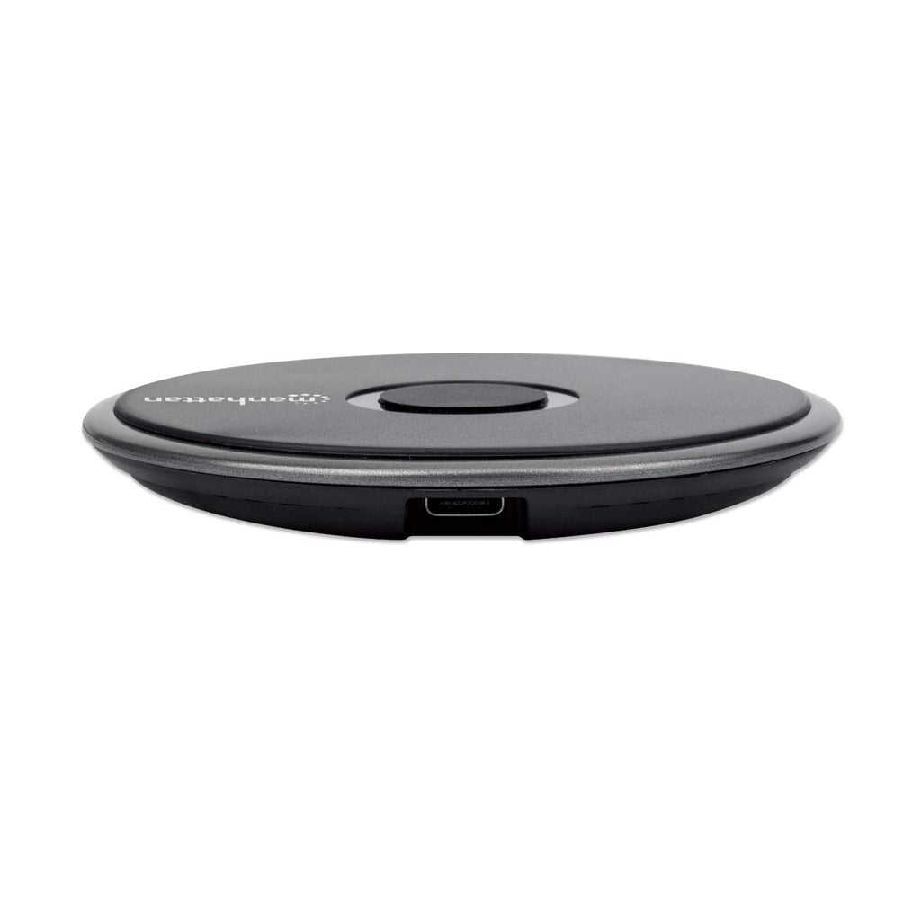 Manhattan Smartphone Wireless Charging Pad, QI certified, 10W, 7.5W and 5W charging, USB-C to USB-A cable included, USB-C input into pad, Cable 1.5m, Black, Three Year Warranty, Boxed
