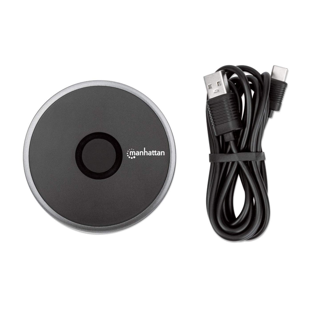 Manhattan Smartphone Wireless Charging Pad, QI certified, 10W, 7.5W and 5W charging, USB-C to USB-A cable included, USB-C input into pad, Cable 1.5m, Black, Three Year Warranty, Boxed