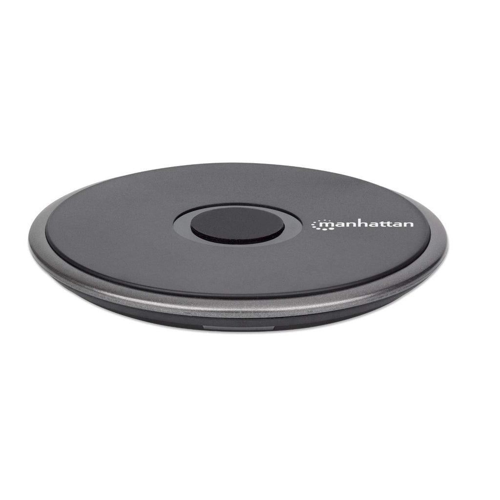Manhattan Smartphone Wireless Charging Pad, QI certified, 10W, 7.5W and 5W charging, USB-C to USB-A cable included, USB-C input into pad, Cable 1.5m, Black, Three Year Warranty, Boxed