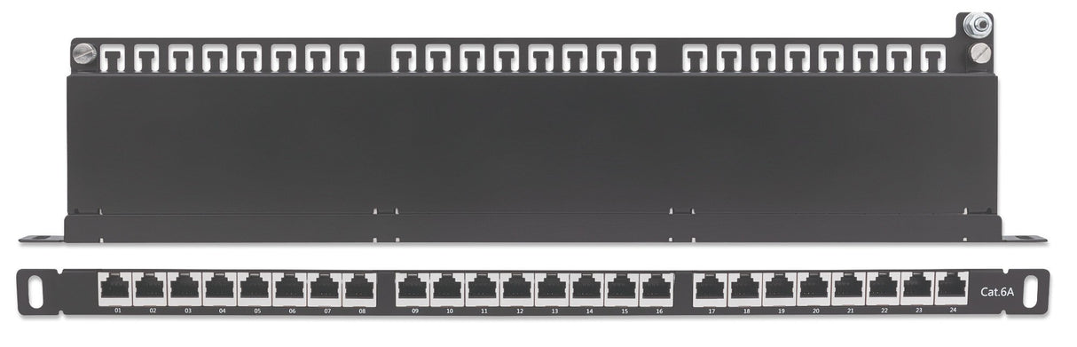 Intellinet Patch Panel, Cat6a, FTP, 24-Port, 19", 0.5U, Shielded, 90° Top-Entry Punch Down Blocks, Black