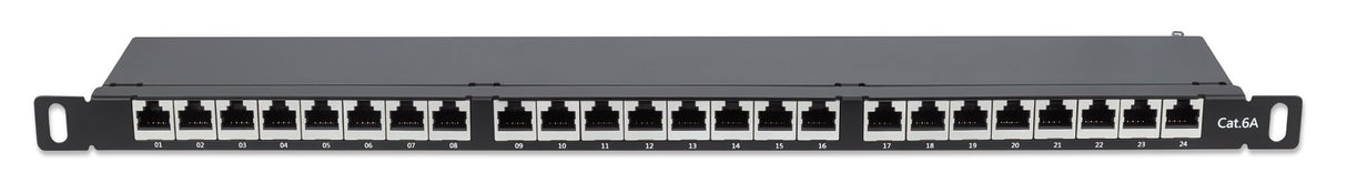 Intellinet Patch Panel, Cat6a, FTP, 24-Port, 19", 0.5U, Shielded, 90° Top-Entry Punch Down Blocks, Black