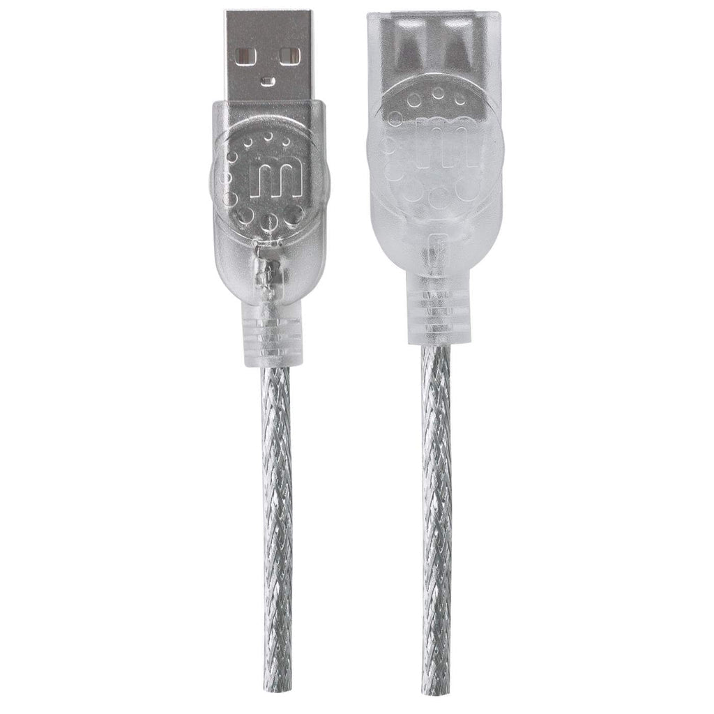 Manhattan USB-A to USB-A Extension Cable, 1.8m, Male to Female, 480 Mbps (USB 2.0), Hi-Speed USB, Translucent Silver, Lifetime Warranty