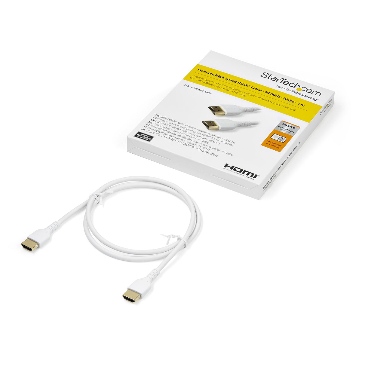 StarTech.com 3ft (1m) Slim HDMI Cable, Flexible Premium Certified HDMI 2.0 Cord with Ethernet, UHD 4K 60Hz HDR10, Durable Aramid Fiber Design with TPE Jacket, White