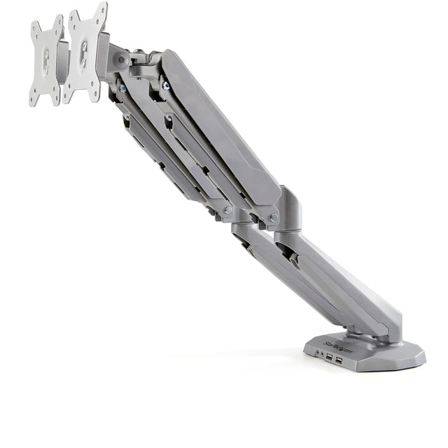 StarTech.com Desk Mount Dual Monitor Arm with USB & Audio, Desk Clamp VESA Mount for up to 32" (17.6lb/8kg) Displays, Ergonomic Full Motion Dual Monitor Arm - Silver