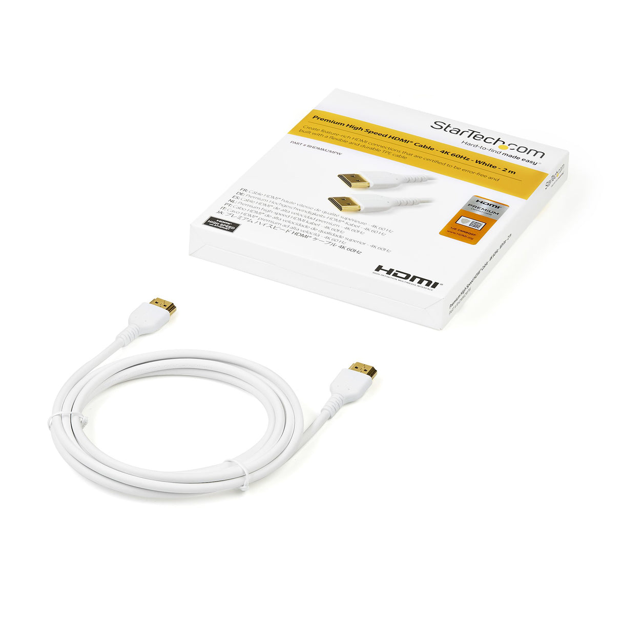 StarTech.com 6ft (2m) Slim HDMI Cable, Flexible Premium Certified HDMI 2.0 Cord with Ethernet, UHD 4K 60Hz HDR10, Durable Aramid Fiber Design with TPE Jacket, White