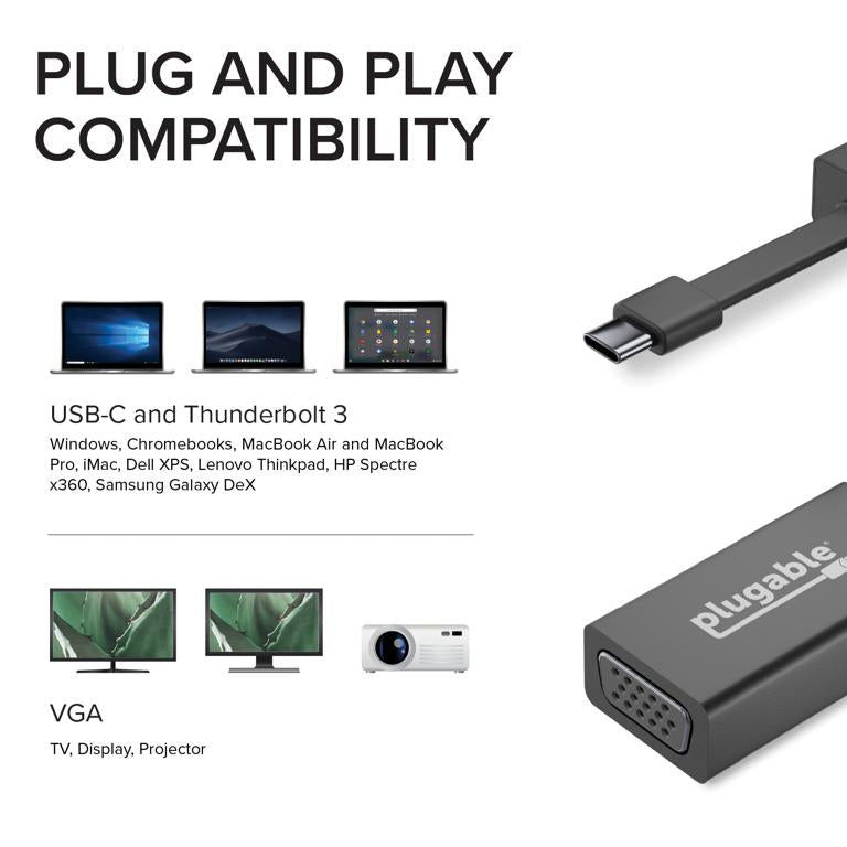 Plugable Technologies USB C to VGA Adapter, Thunderbolt 3 to VGA Adapter Compatible with Macbook Pro, Windows, Chromebooks, 2018 iPad Pro, Dell XPS, and more (Driverless, supports up to 1920x1200 @ 60Hz)