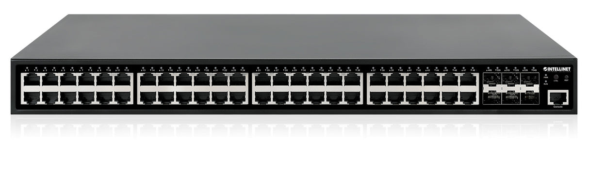 Intellinet 48-Port Gigabit Ethernet PoE+ Layer 2+ Managed Switch with Six 10G SFP+ Uplinks IEEE 802.3at/af (PoE+/PoE) Compliant, 450 W PoE Power Budget, Layer 2+/Layer 3 Lite, 6 x 10G SFP+ Open