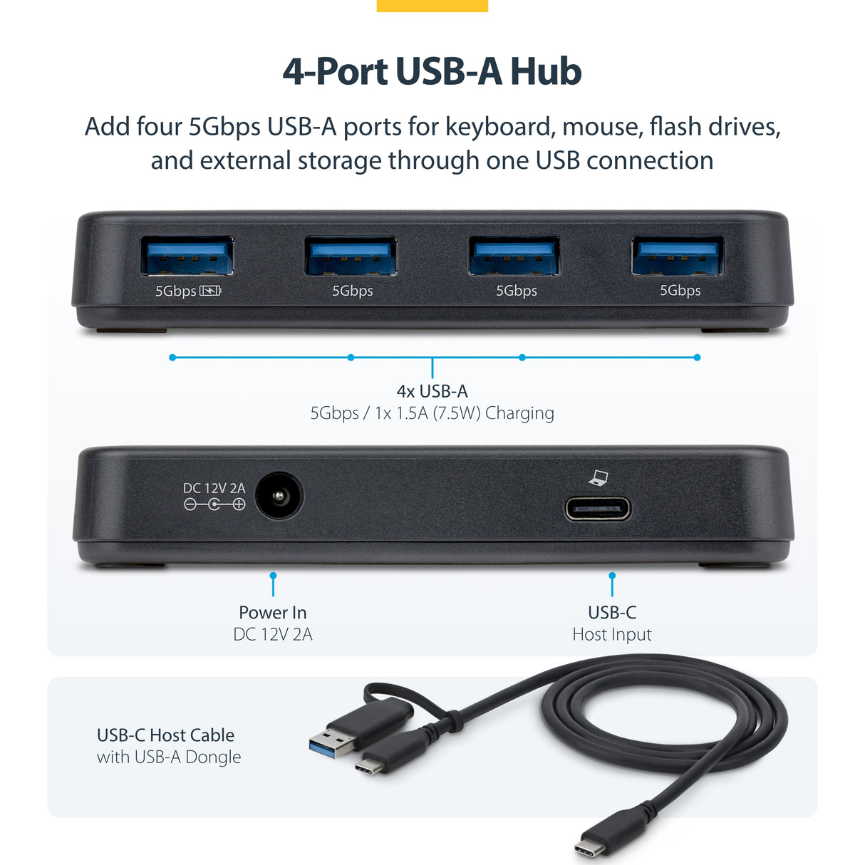StarTech.com 4-Port USB-A Hub, 5Gbps, Self-Powered, 2-in-1 USB-C and USB-A Host Cable, 1x BC 1.2 Charging Port, 24W Power Adapter Included, MacBook and Windows