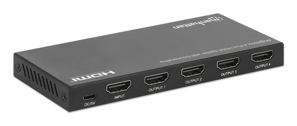Manhattan HDMI Splitter with downscaling 4-Port , 4K@60Hz, Displays output from x1 HDMI source to x4 HD displays (same output to four displays), Downscale button to adjust a 4K input signal into 1080p, Micro-USB to USB-A power cable included (cable...