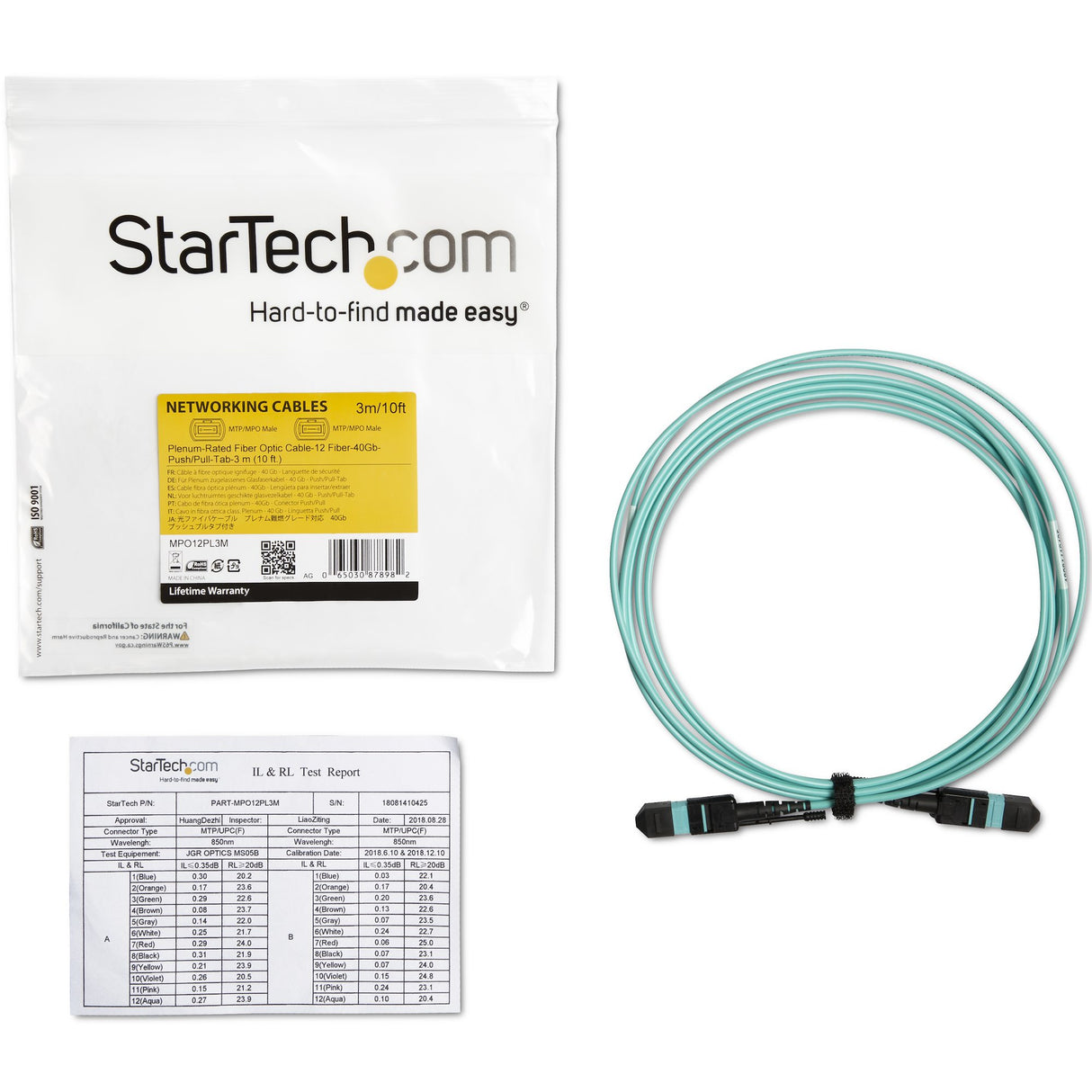StarTech.com 3m (10ft) MTP(F)/PC OM3 Multimode Fiber Optic Cable, 12F Type-A, OFNP Plenum, 50/125µm LOMMF, 40G Networks, Low Insertion Loss, MPO Fiber Jumper Cord