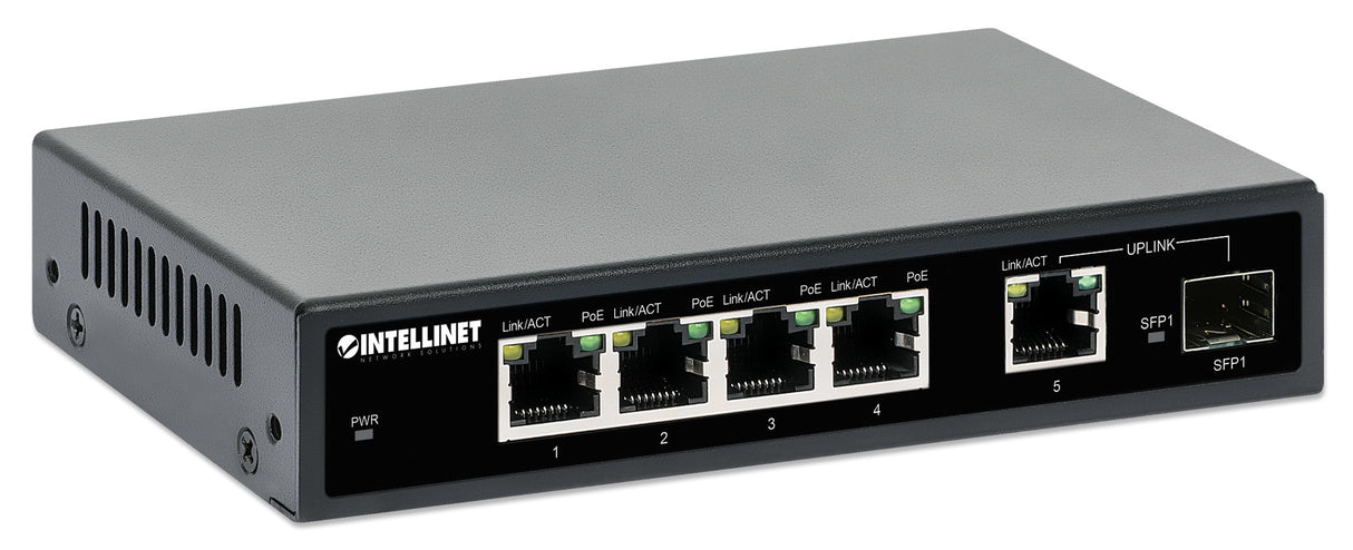 Intellinet 5-Port Gigabit Ethernet PoE+ Switch with SFP Port, Four PSE PoE Ports, IEEE 802.3at/af (PoE+/PoE) Compliant, PoE Power Budget of 91 W, Desktop Format, Wall-mount Option