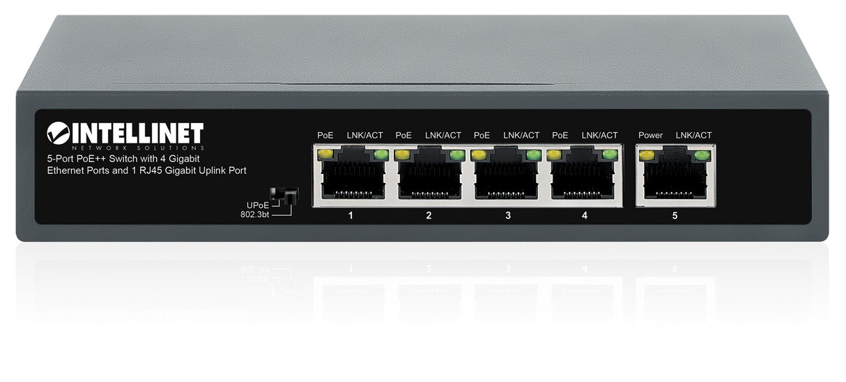 Intellinet 5-Port PoE++ Switch with 4 Gigabit Ethernet Ports and 1 RJ45 Gigabit Uplink Port