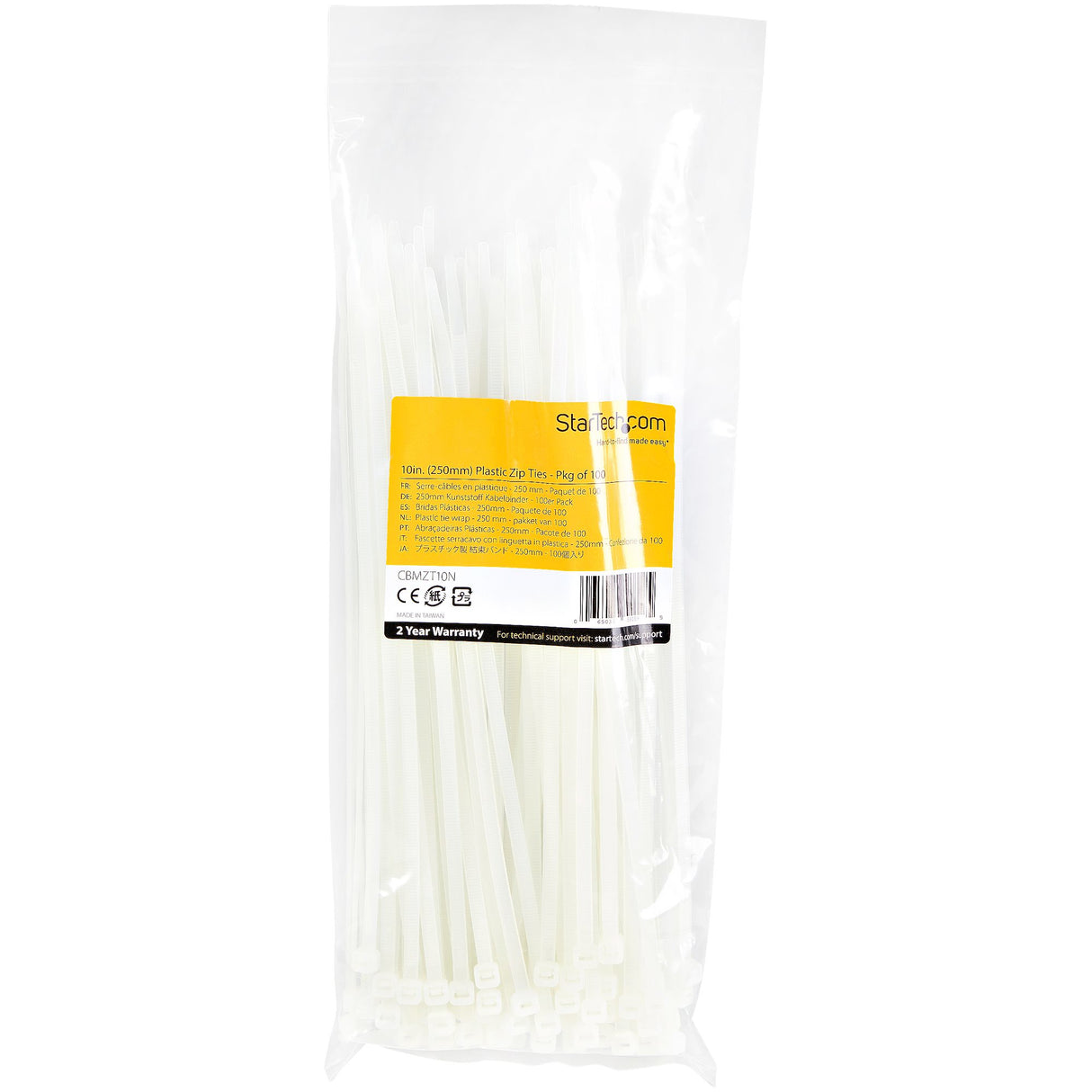 StarTech.com 10"(25cm) Cable Ties - 1/8"(4mm) wide, 2-5/8"(68mm) Bundle Diameter, 50lb(22kg) Tensile Strength, Nylon Self Locking Zip Ties w/ Curved Tip - 94V-2/UL Listed, 100 Pack - White - TAA