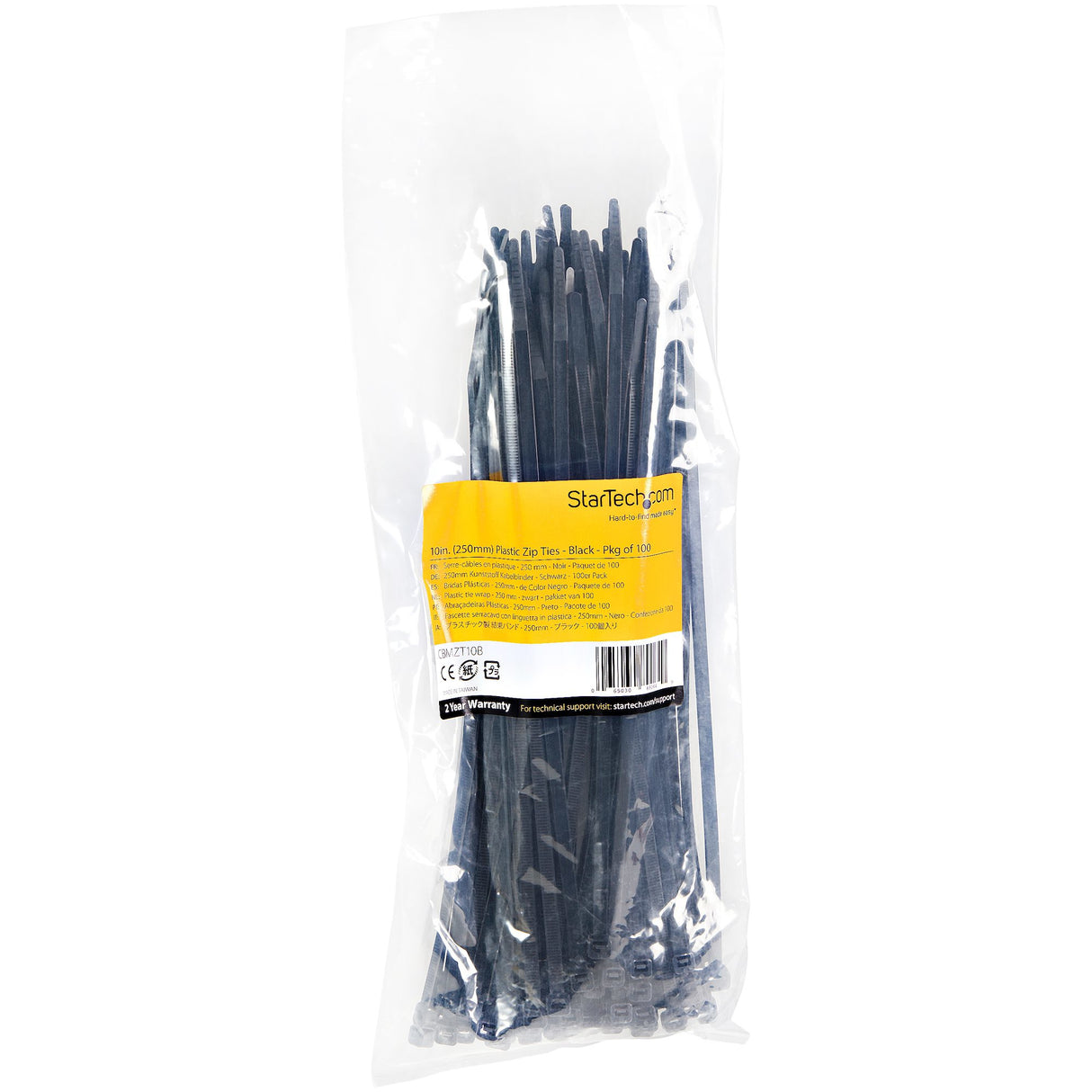 StarTech.com 10"(25cm) Cable Ties - 1/8"(4mm) wide, 2-5/8"(68mm) Bundle Diameter, 50lb(22kg) Tensile Strength, Nylon Self Locking Zip Ties w/ Curved Tip - 94V-2/UL Listed, 100 Pack - Black - TAA