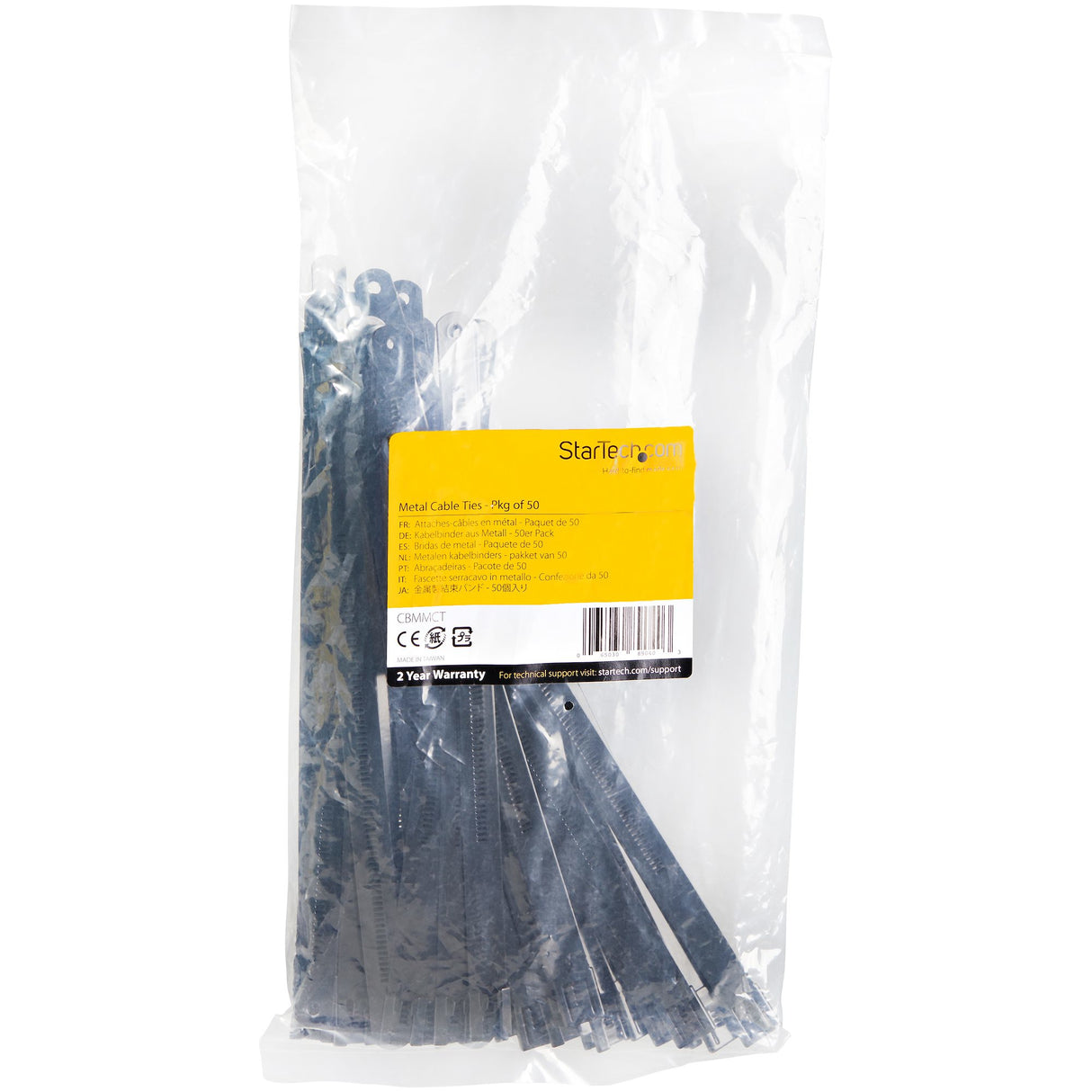 StarTech.com 9"(22cm) Metal Cable Ties - 1/4"(7mm) wide, 2-1/4"(55mm) Bundle Dia. 100lb(45kg) Tensile Strength, Nylon Coated 316 Stainless Steel, Self Locking Metal Detectable Ties, 50 Pack - TAA