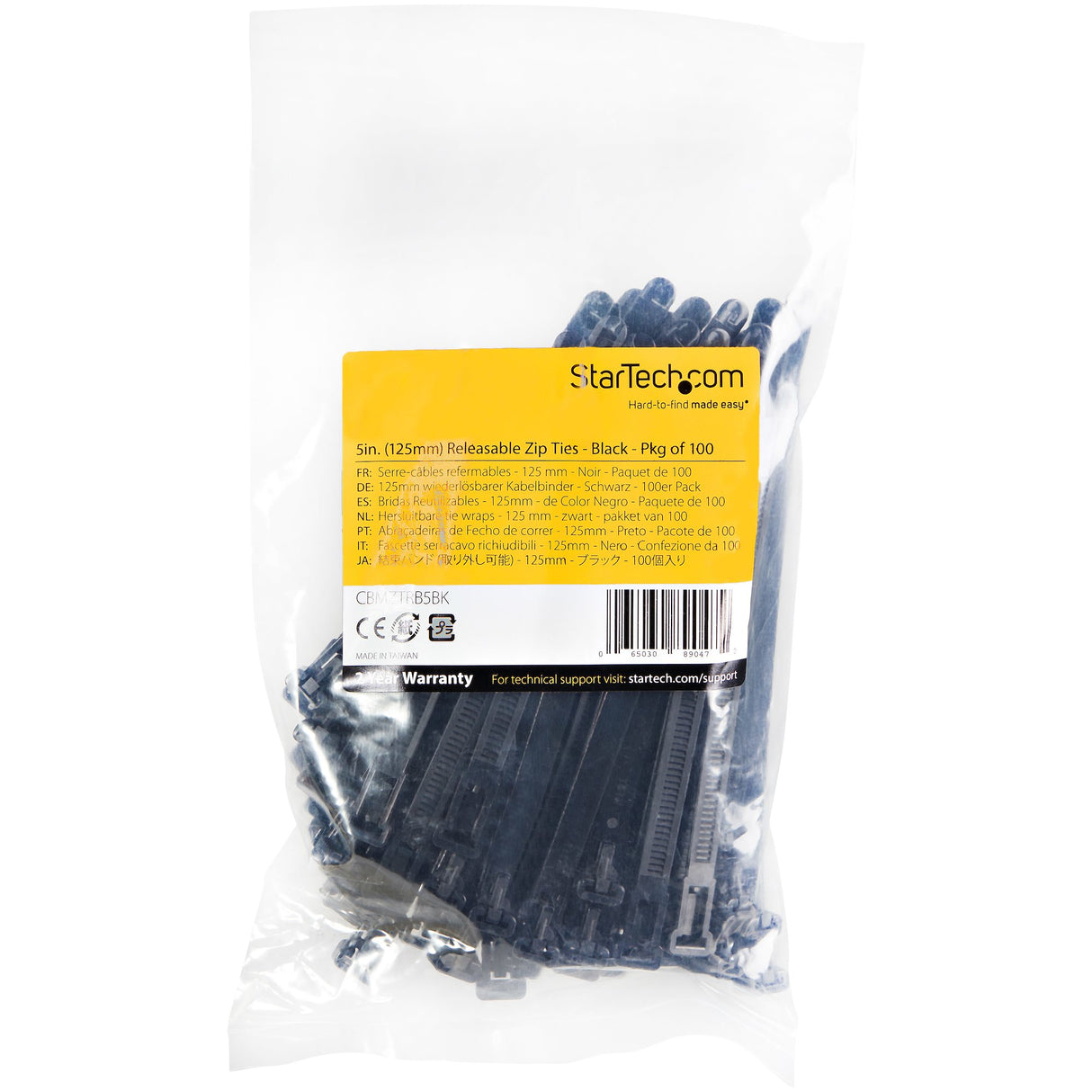 StarTech.com 5"(12cm) Reusable Cable Ties - 1/4"(7mm) wide, 1-1/8"(30mm) Bundle Dia. 50lb(22kg) Tensile Strength, Releasable Nylon Ties, Indoor/Outdoor, 94V-2/UL Listed, 100 Pack - Black - TAA