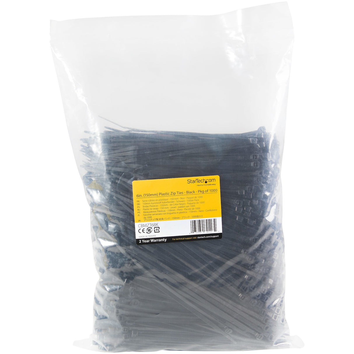 StarTech.com 1000-Pack 6"(15cm) Cable Ties - 1/8"(3.6mm) wide, 1-3/8"(39mm) Bundle Diameter, 40lb(18kg) Tensile Strength, Nylon Self Locking Zip Ties with Curved Tip, UL Listed, Black - TAA