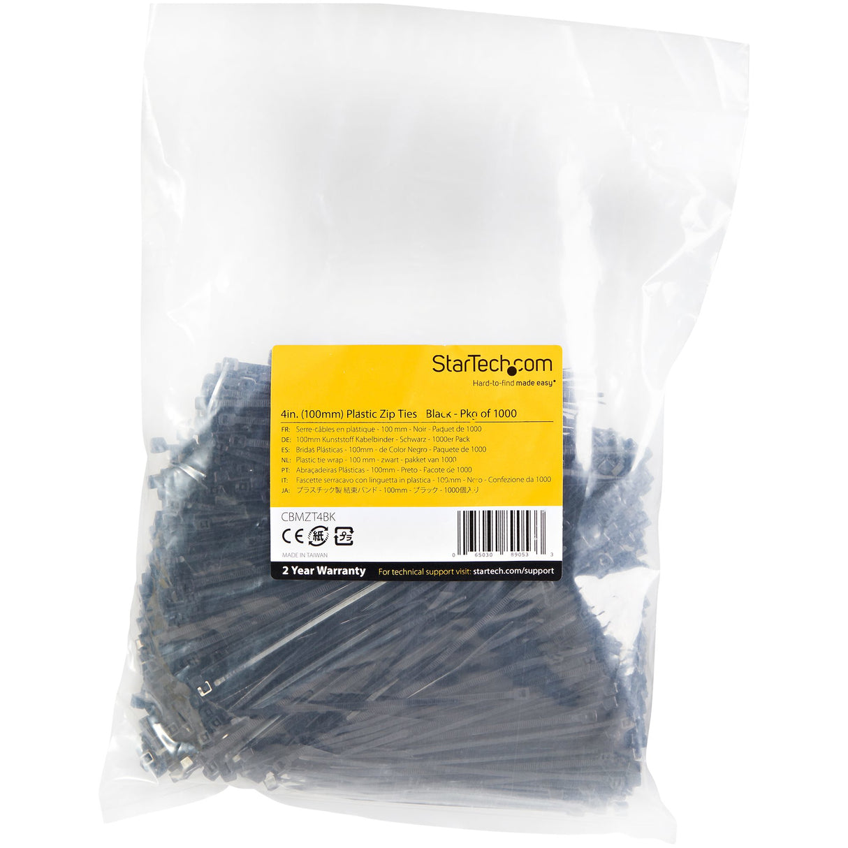 StarTech.com 4"(10cm) Cable Ties - 3/32"(2.5mm) wide, 7/8"(22mm) Bundle Diameter, 18lb(8kg) Tensile Strength, Nylon Self Locking Zip Ties with Curved Tip - 94V-2/UL Listed, 1000 Pack - Black - TAA