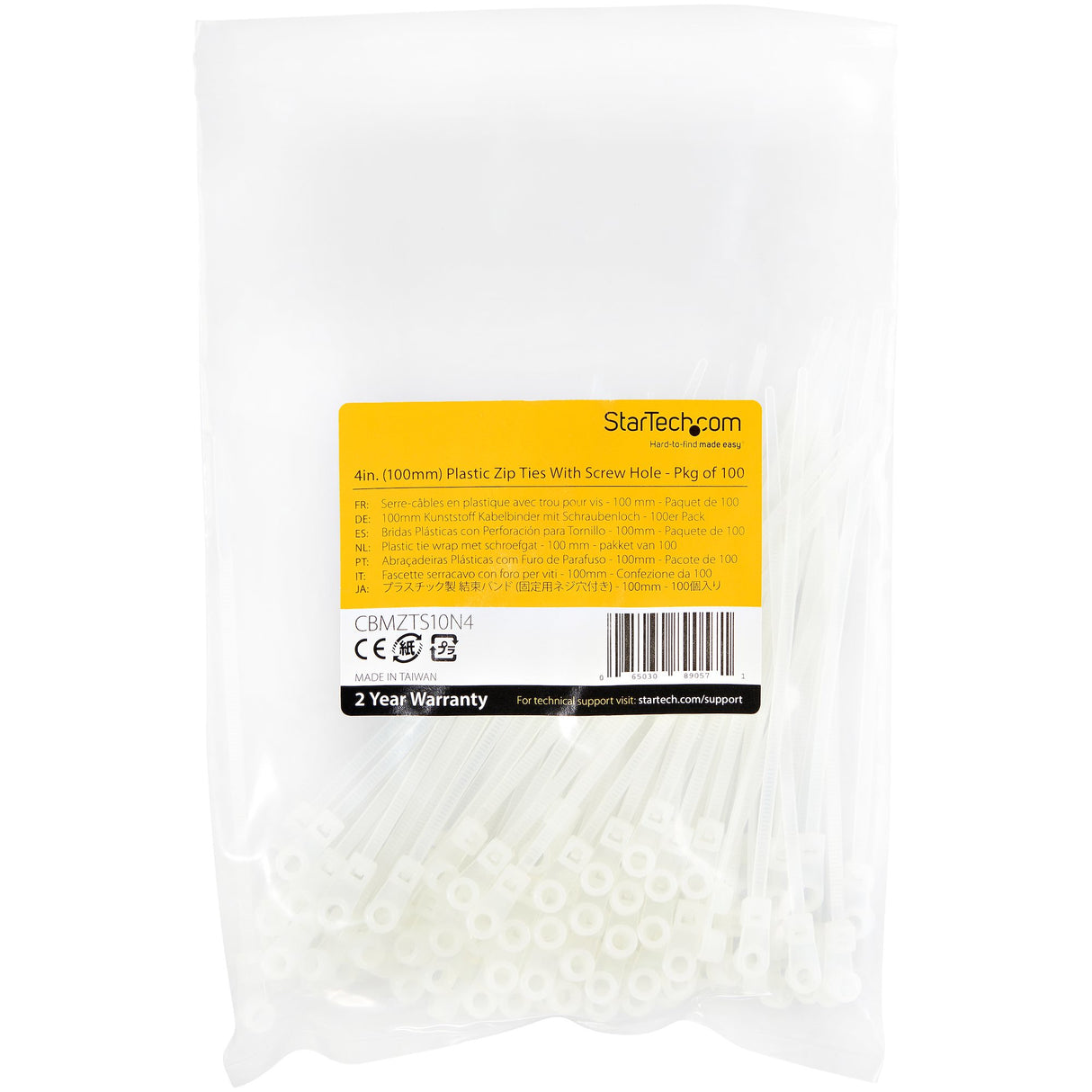 StarTech.com 4"(10cm) Cable Ties with Mounting Hole - 1/16"(2mm) wide, 7/8"(24mm) Bundle Dia. 18lb(8kg) Tensile Strength, Nylon 66 Self Locking Ties w/Screw Hole, UL Listed, 100 Pack - TAA