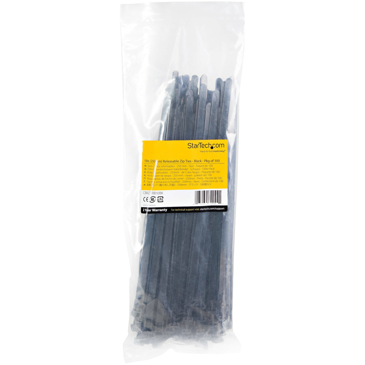 StarTech.com 10"(25cm) Reusable Cable Ties - 1/4"(7mm) wide, 2-1/2"(65mm) Bundle Dia. 50lb(22kg) Tensile Strength, Releasable Nylon Ties, Indoor/Outdoor, 94V-2/UL Listed, 100 Pack - Black - TAA