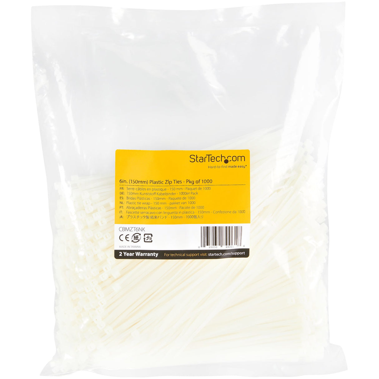 StarTech.com 1000-Pack 6"(15cm) Cable Ties - 1/8"(3.6mm) wide, 1-3/8"(39mm) Bundle Diameter, 40lb(18kg) Tensile Strength, Nylon Self Locking Zip Ties with Curved Tip, UL Listed, White - TAA