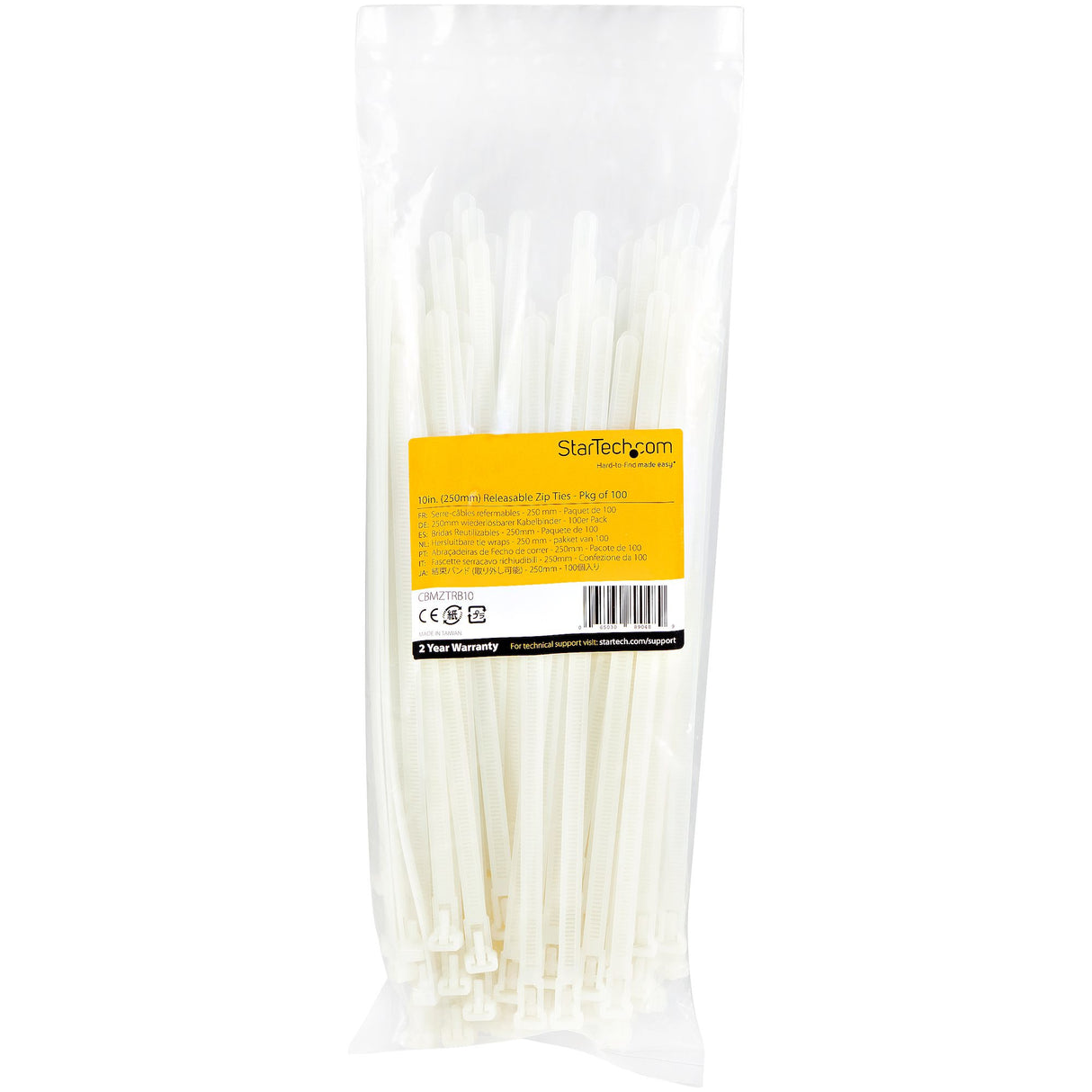 StarTech.com 10"(25cm) Reusable Cable Ties - 1/4"(7mm) wide, 2-1/2"(65mm) Bundle Dia. 50lb(22kg) Tensile Strength, Releasable Nylon Ties, Indoor/Outdoor, 94V-2/UL Listed, 100 Pack - White - TAA