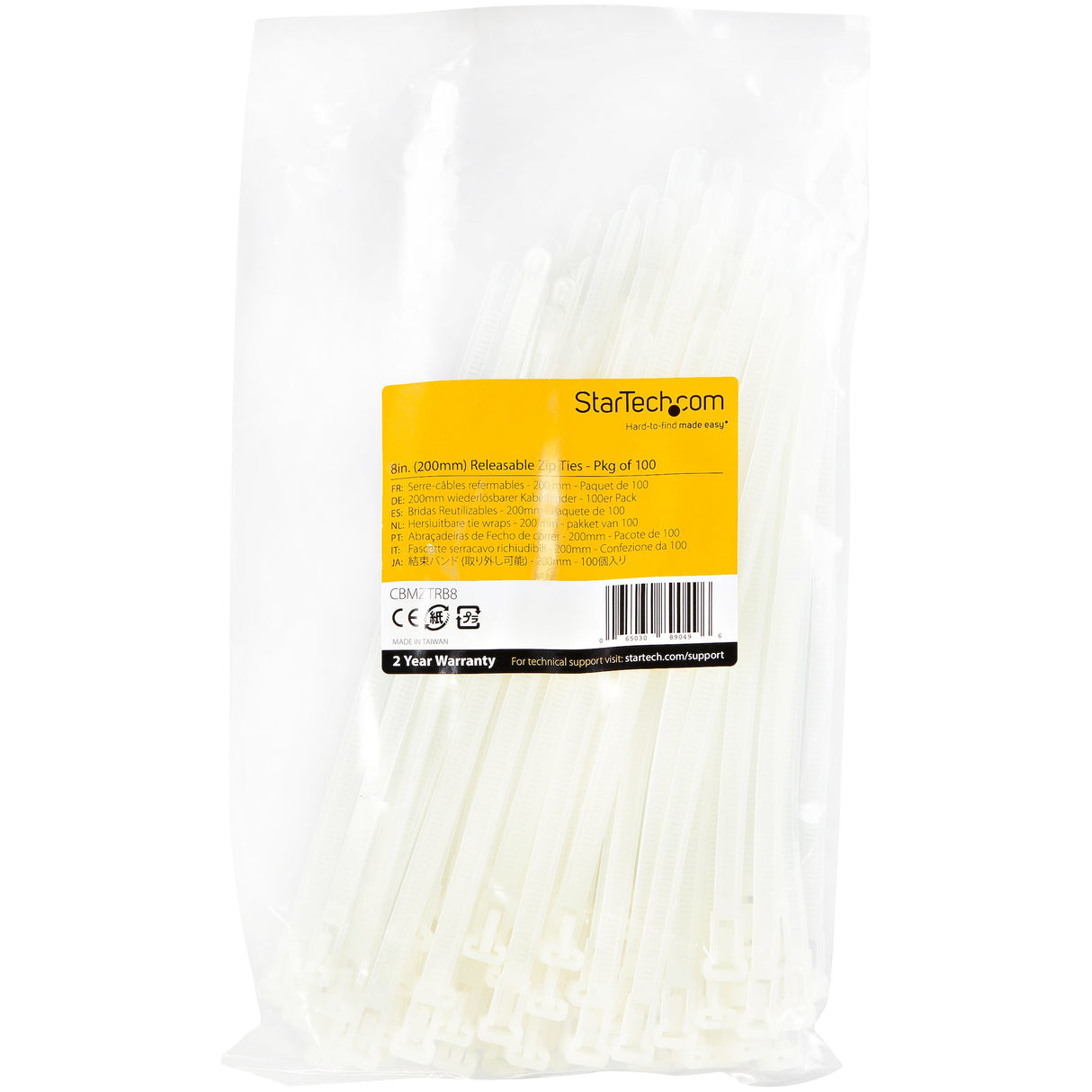 StarTech.com 8"(20cm) Reusable Cable Ties - 1/4"(7mm) wide, 1-7/8"(50mm) Bundle Dia. 50lb(22kg) Tensile Strength, Releasable Nylon Ties, Indoor/Outdoor, 94V-2/UL Listed, 100 Pack - White - TAA