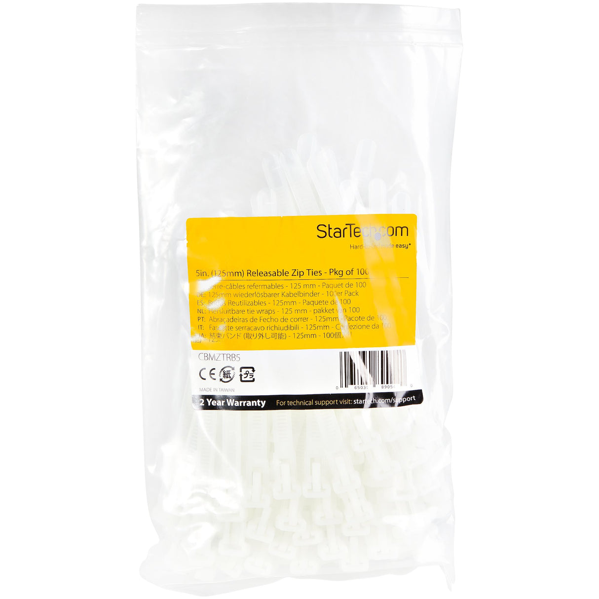 StarTech.com 5"(12cm) Reusable Cable Ties - 1/4"(7mm) wide, 1-1/8"(30mm) Bundle Dia. 50lb(22kg) Tensile Strength, Releasable Nylon Ties, Indoor/Outdoor, 94V-2/UL Listed, 100 Pack - White - TAA